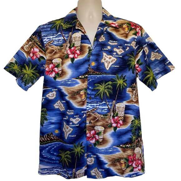 RJC Hawaiian Shirt Islands Music Drums Guitar Hibiscus Palm Trees Aloha Sz M - Picture 1 of 10